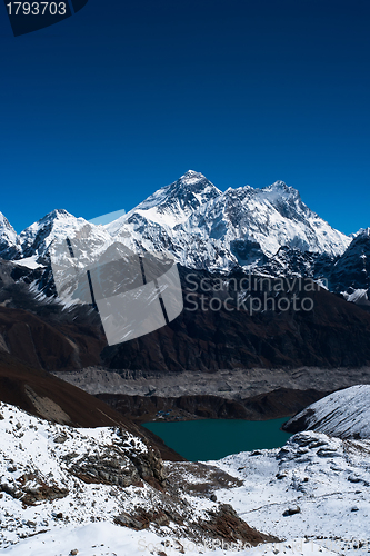 Image of Everest, Nuptse, Lhotse peaks. Gokyo lake and village