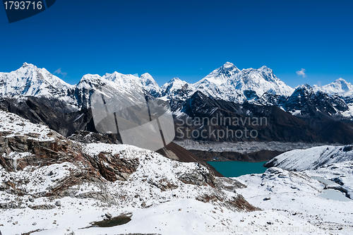 Image of Famous peaks view from Renjo Pass: Everest, Pumori, Makalu