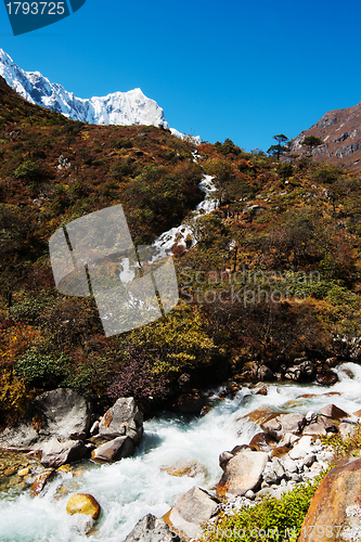 Image of Landscape in Himalayas: snowed peaks and stream