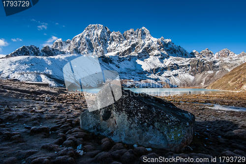 Image of Sacred Gokyo Lake near village and mountain peaks in Himalayas