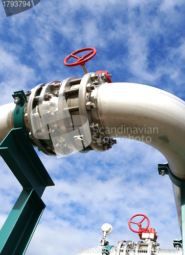 Image of industrial pipelines and valve with a natural blue background