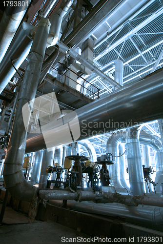 Image of Industrial zone, Steel pipelines and cables in blue tones