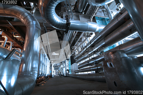 Image of Industrial zone, Steel pipelines and cables in blue tones