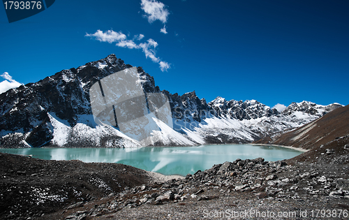 Image of Sacred Lake and peak near Gokyo in Himalayas