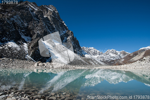 Image of Mountain peaks and reflection in Sacred Gokyo Lake in Himalayas