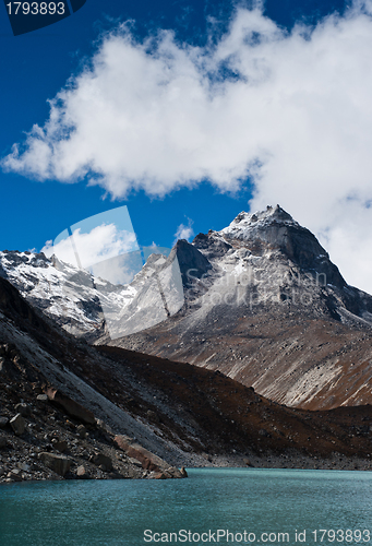 Image of Mt. peak and Sacred Lake near Gokyo in Himalayas