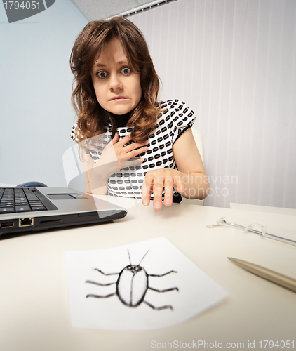 Image of Woman scared with paper cockroach
