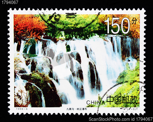 Image of CHINA - CIRCA 1998: A Stamp printed in China shows a waterfall in Jiuzhaigou , circa 1998