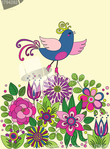 Image of Decorative colorful funny bird on the flowers