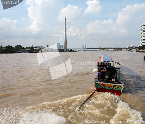 Image of Boat on Chao Phraya river Rama Bridge