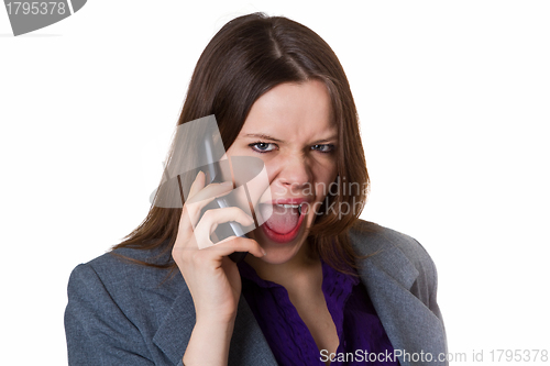 Image of Businesswoman screaming into the phone