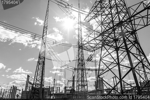 Image of High voltage electrical  towers against sky