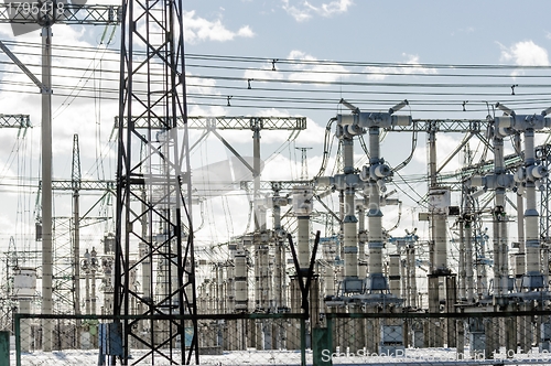 Image of High voltage electrical  towers against sky