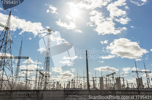 Image of High voltage electrical  towers against sky