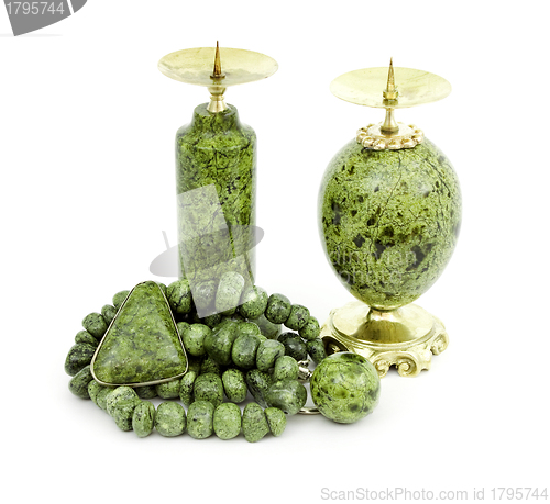 Image of Candle holders, necklaces and a brooch made of stone serpentine