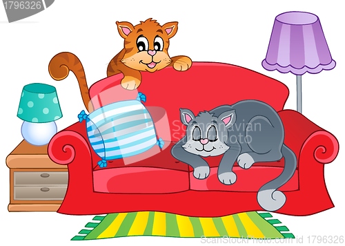 Image of Red sofa with two cartoon cats