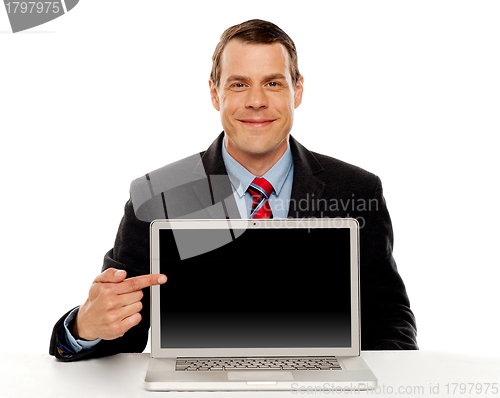 Image of Businessman pointing at blank laptop screen