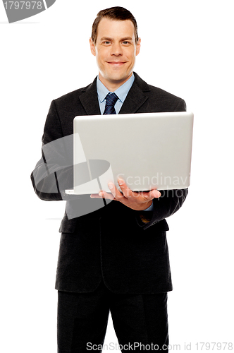 Image of Confident executive using laptop and surfing web