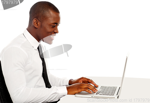 Image of Handsome business executive working on laptop