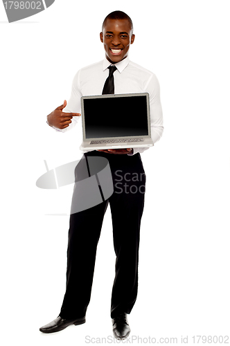 Image of Cheerful male executive pointing at open laptop
