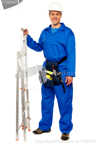 Image of Repairman with a stepladder and tools bag