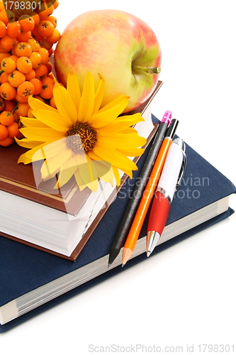 Image of Books, pencils, apple and bunch of rowan.