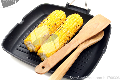 Image of Fresh corn on the grill pan.