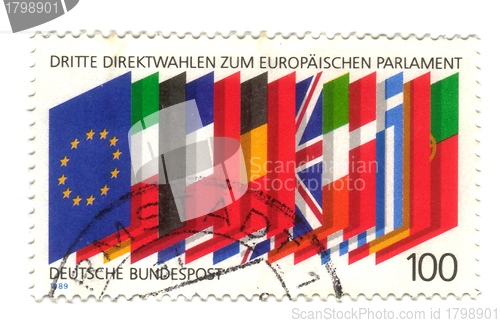 Image of GERMANY- CIRCA 1989: stamp printed by Germany, shows flags of th