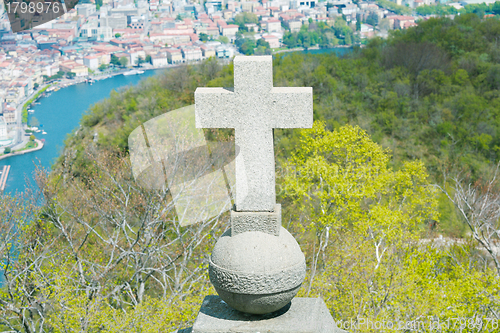 Image of View of Lugano from San Salvatore mountain with a cross in front