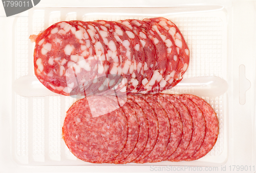 Image of Slices Salami in container