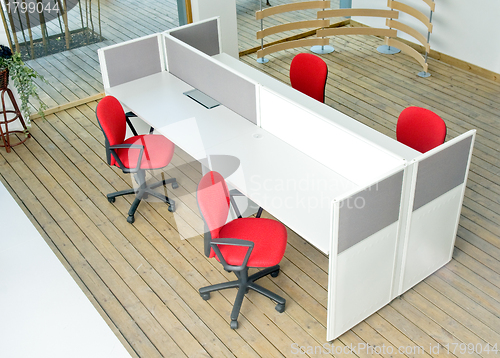 Image of office desks and red chairs cubicle set 