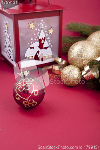 Image of beautiful christmas decoration in gold and red color 