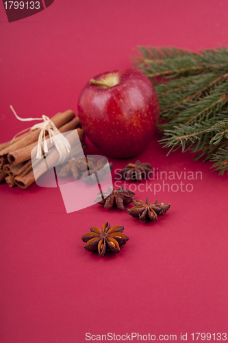 Image of christmas decoration red apple, cinnamon, anise and tree on red background