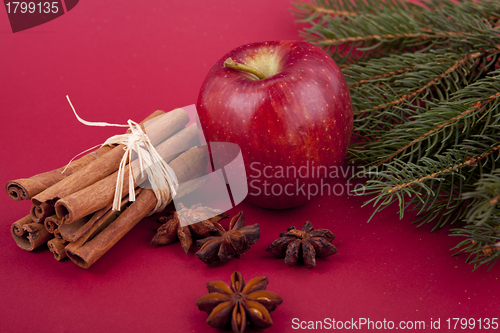 Image of christmas decoration red apple, cinnamon, anise and tree on red background