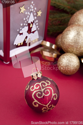 Image of beautiful christmas decoration in gold and red color 