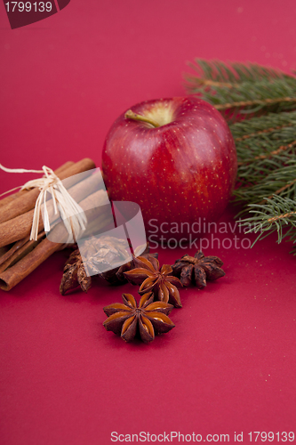 Image of christmas decoration red apple, cinnamon, anise and tree on red background