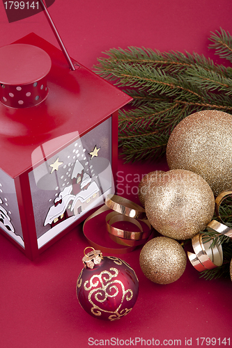 Image of beautiful christmas decoration in gold and red color 