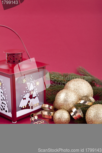 Image of beautiful christmas decoration in gold and red color 