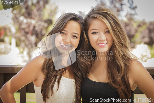 Image of Attractive Mixed Race Girlfriends Smile Outdoors