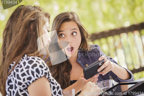 Image of Shocked Mixed Race Girls Working on Electronic Devices
