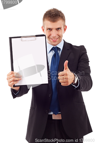 Image of man presenting a clipboard 