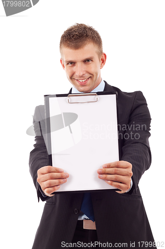 Image of man holding a blank clipboard