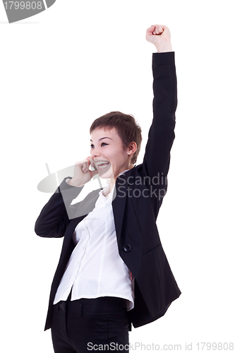 Image of woman on the phone winning