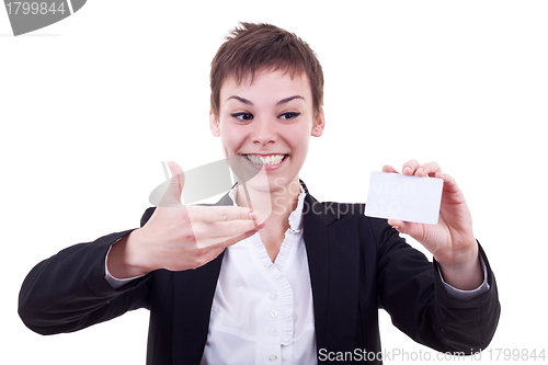 Image of woman pointing at blank card