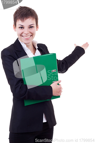 Image of business woman with folder presenting