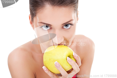 Image of woman about to bite into an apple