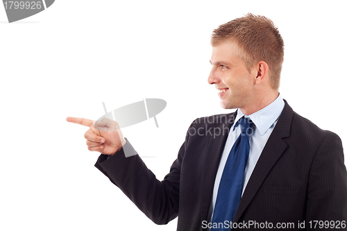 Image of business man pointing to his side