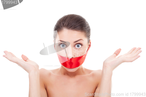 Image of amazed woman with mouth covered