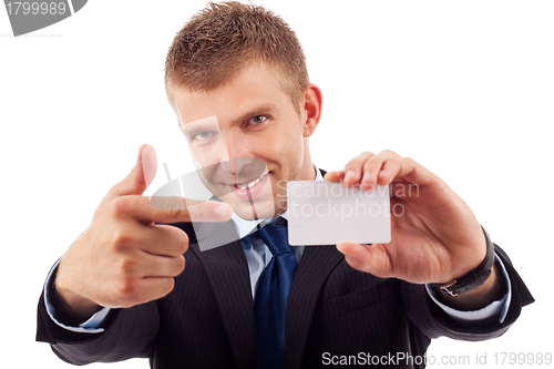 Image of business man shows his business card