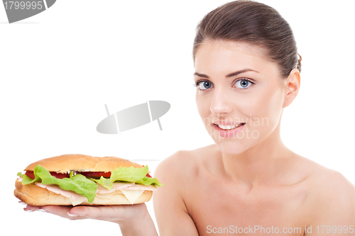 Image of woman holding fresh tasty sandwich